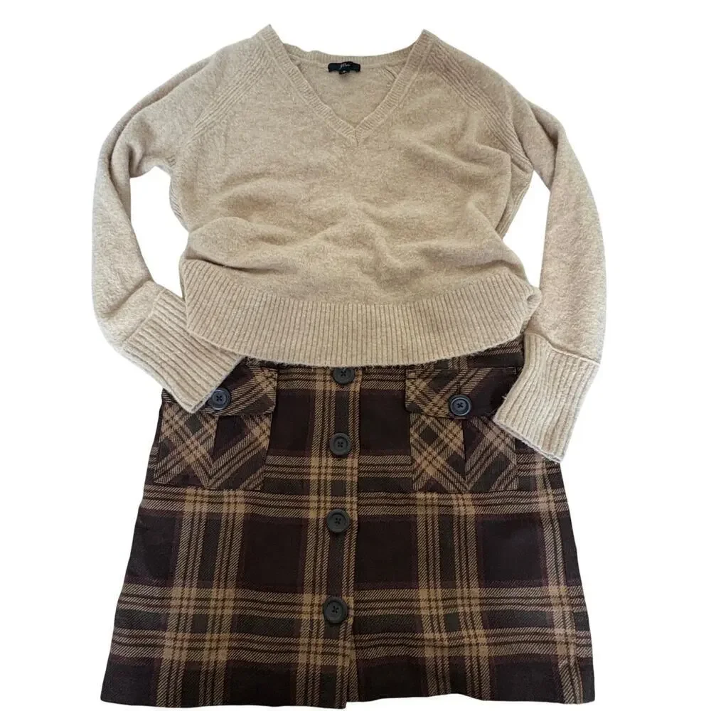 Ann Taylor Loft Wool Blend Plaid Button Front Mini Skirt Brown 10 Dark Academia